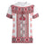 Ukraine Women V-Neck T-Shirt Traditional Braided Rope Belt Red Folk Pattern