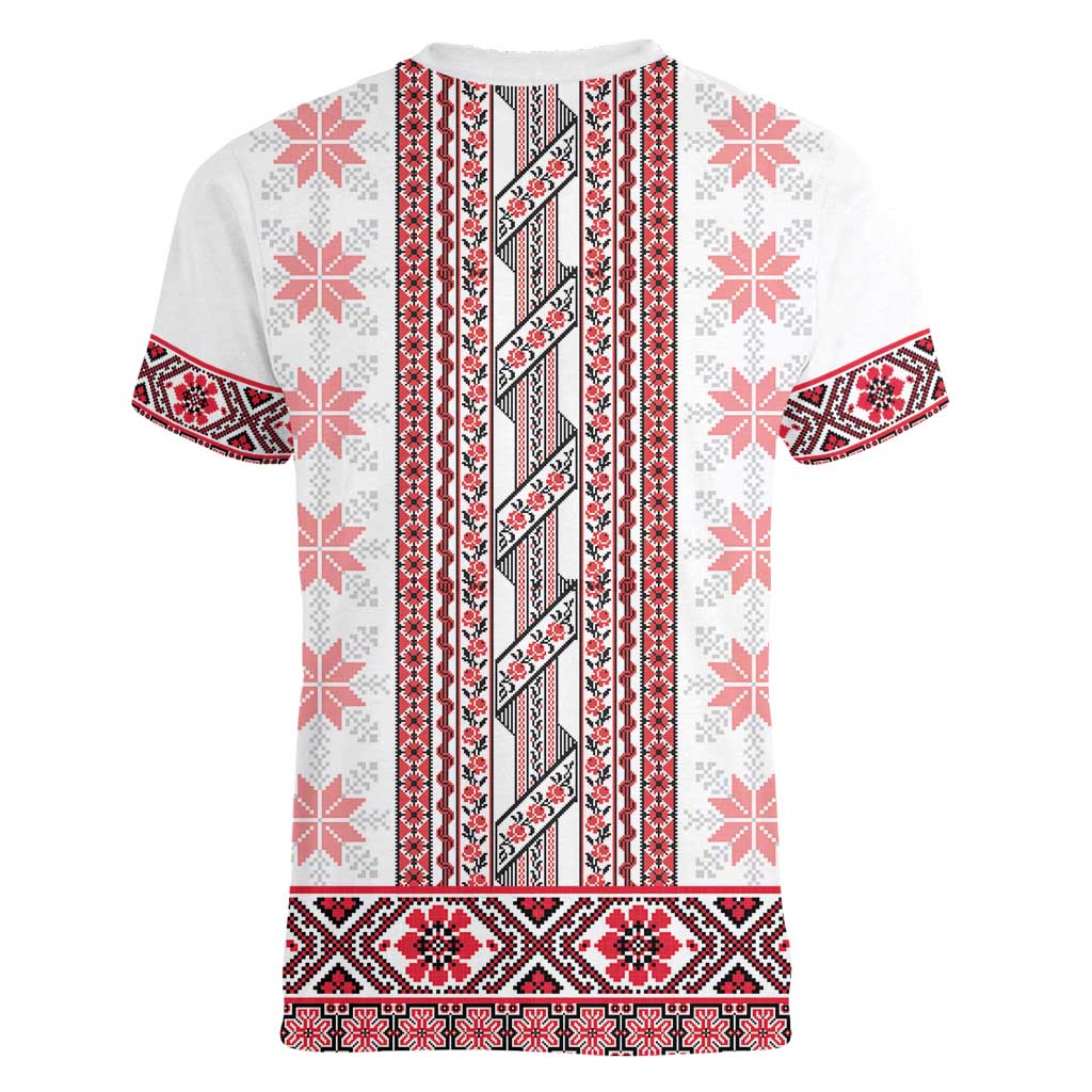 Ukraine Women V-Neck T-Shirt Traditional Braided Rope Belt Red Folk Pattern