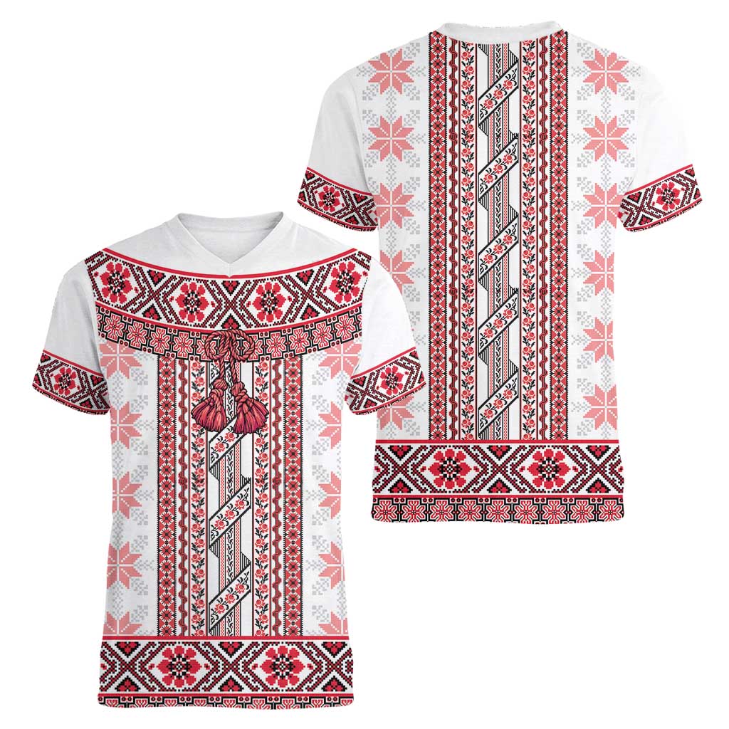 Ukraine Women V-Neck T-Shirt Traditional Braided Rope Belt Red Folk Pattern