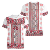 Ukraine Women V-Neck T-Shirt Traditional Braided Rope Belt Red Folk Pattern