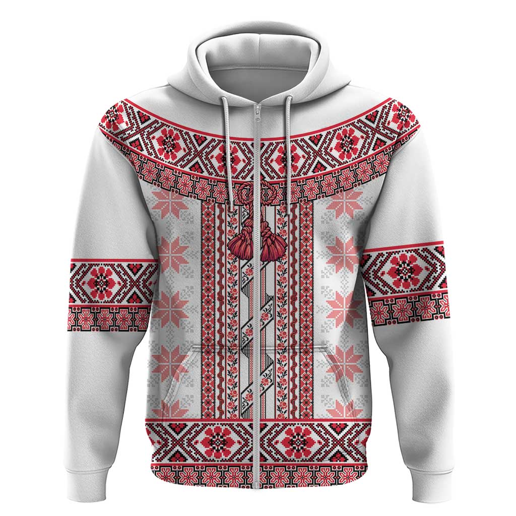 Ukraine Zip Hoodie Traditional Braided Rope Belt Red Folk Pattern