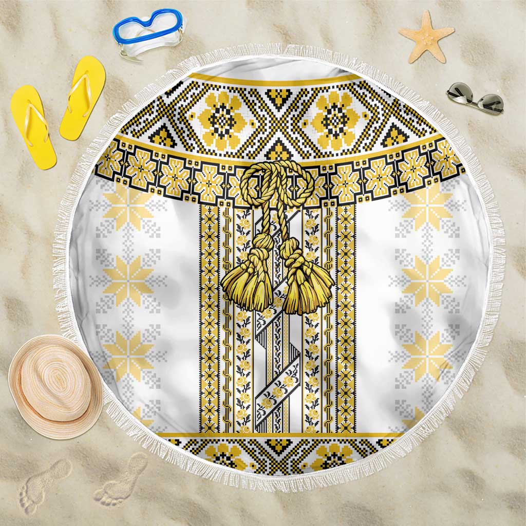 Ukraine Beach Blanket Traditional Braided Rope Belt Yellow Folk Pattern