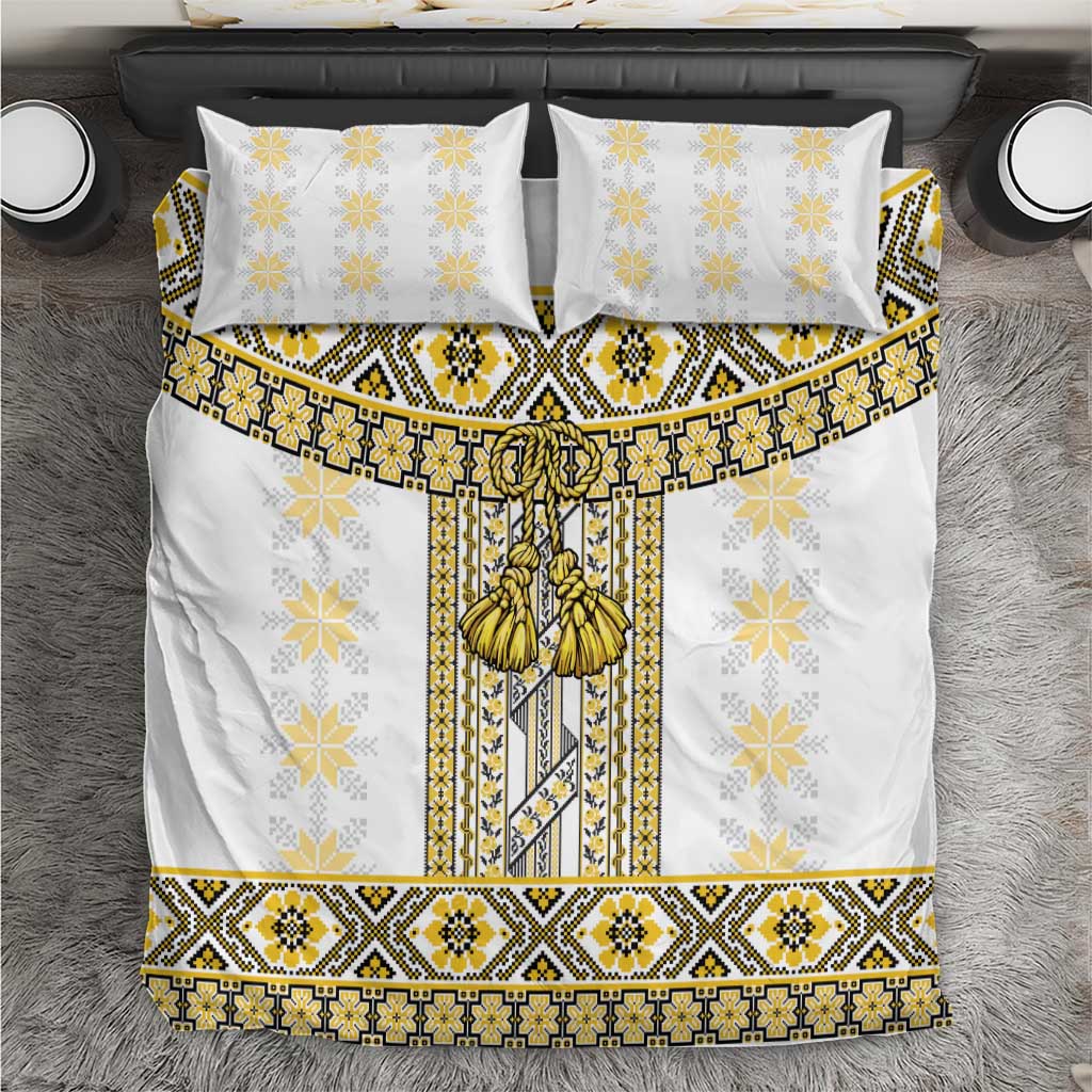 Ukraine Bedding Set Traditional Braided Rope Belt Yellow Folk Pattern