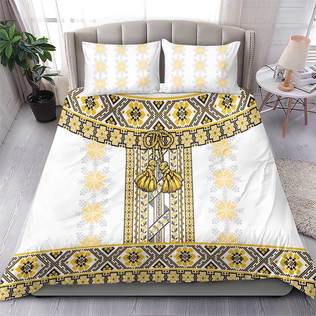 Ukraine Bedding Set Traditional Braided Rope Belt Yellow Folk Pattern