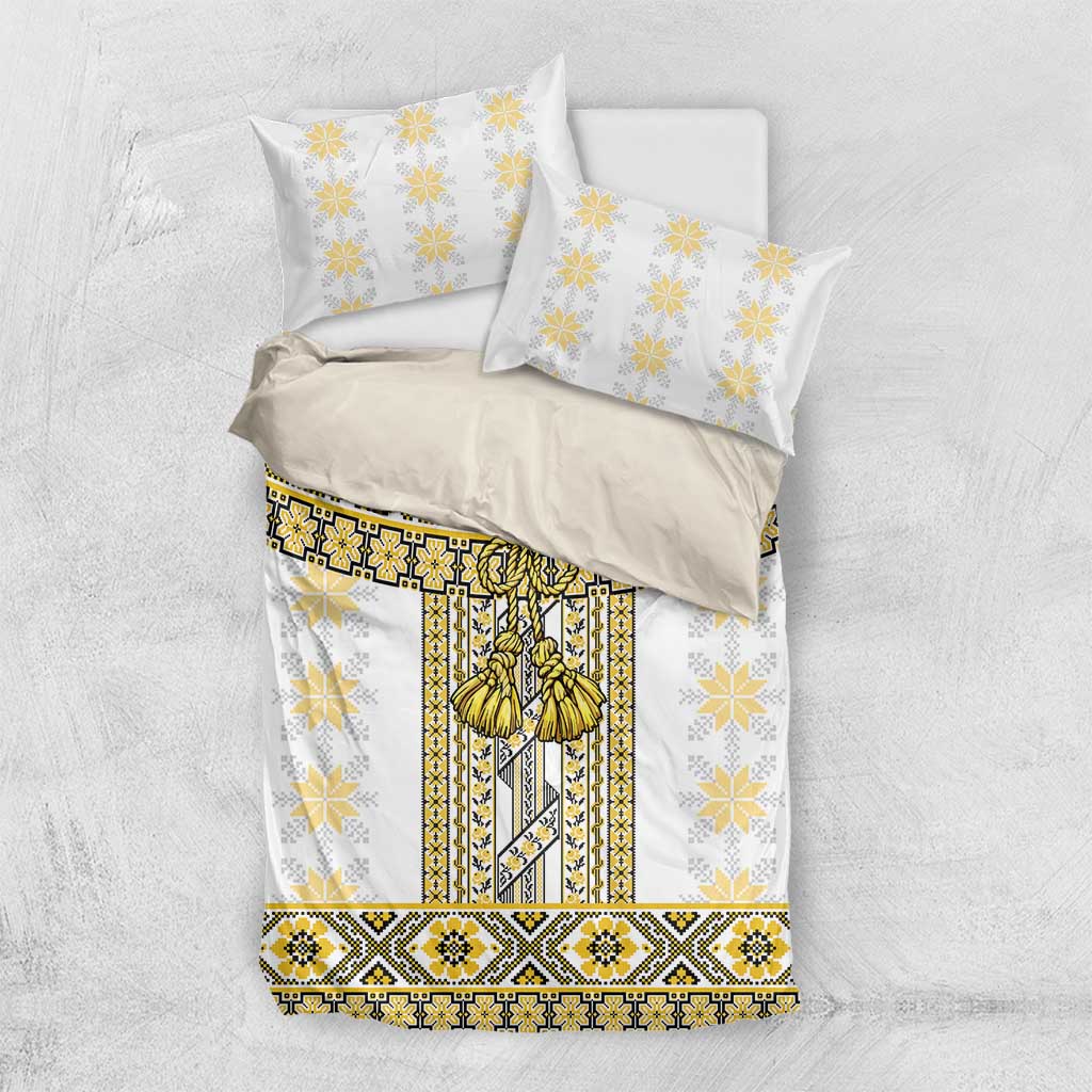 Ukraine Bedding Set Traditional Braided Rope Belt Yellow Folk Pattern
