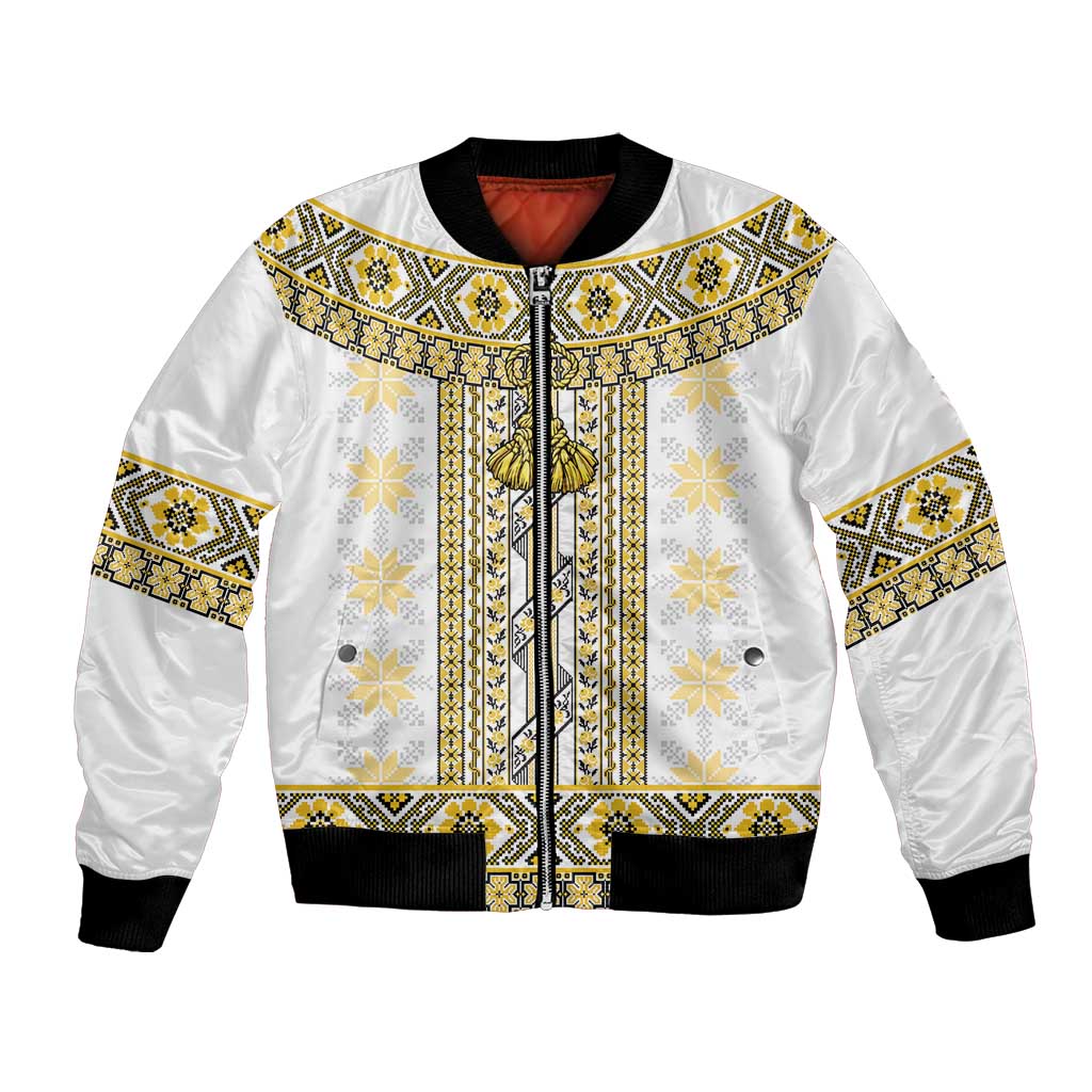 Ukraine Bomber Jacket Traditional Braided Rope Belt Yellow Folk Pattern