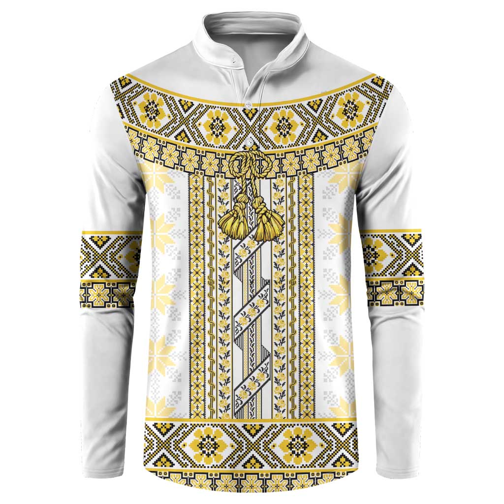 Ukraine Button Sweatshirt Traditional Braided Rope Belt Yellow Folk Pattern