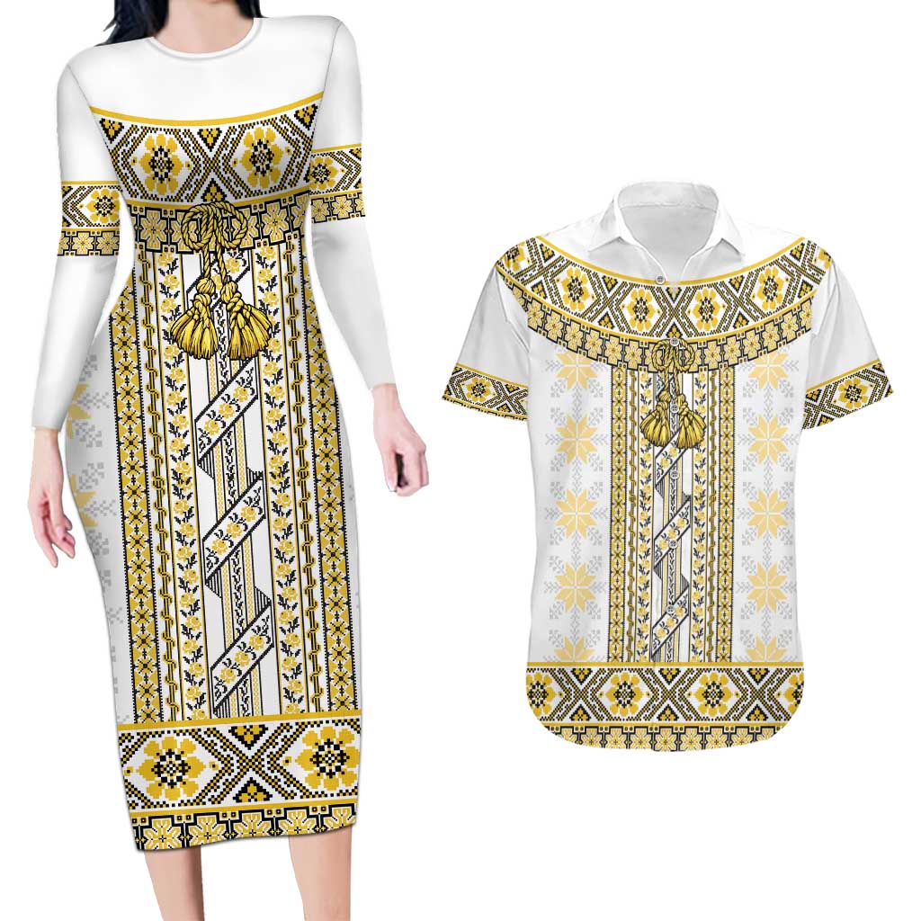 Ukraine Couples Matching Long Sleeve Bodycon Dress and Hawaiian Shirt Traditional Braided Rope Belt Yellow Folk Pattern