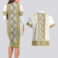 Ukraine Couples Matching Long Sleeve Bodycon Dress and Hawaiian Shirt Traditional Braided Rope Belt Yellow Folk Pattern