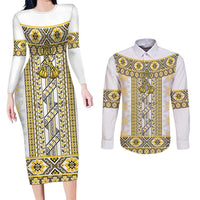 Ukraine Couples Matching Long Sleeve Bodycon Dress and Long Sleeve Button Shirt Traditional Braided Rope Belt Yellow Folk Pattern