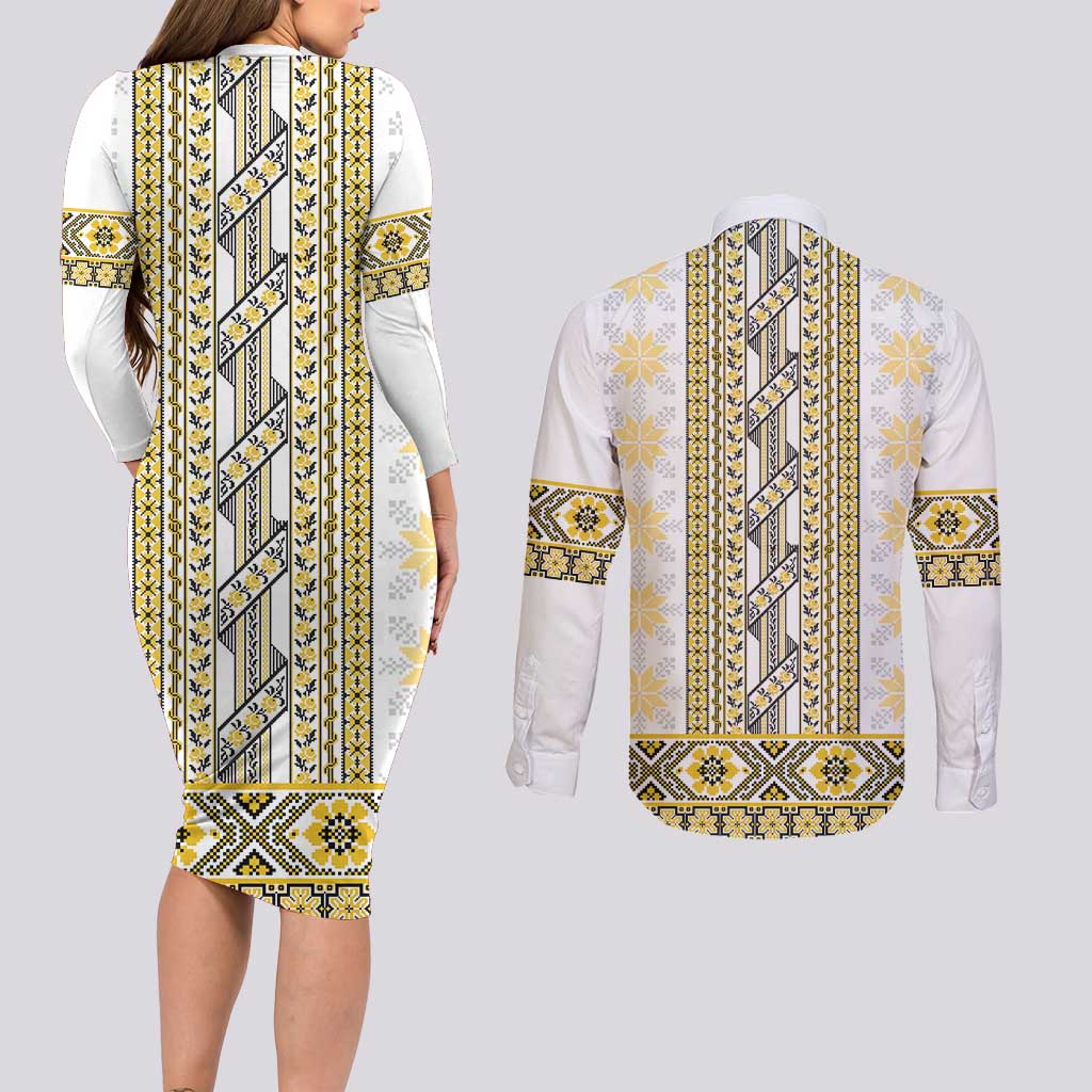 Ukraine Couples Matching Long Sleeve Bodycon Dress and Long Sleeve Button Shirt Traditional Braided Rope Belt Yellow Folk Pattern
