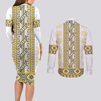 Ukraine Couples Matching Long Sleeve Bodycon Dress and Long Sleeve Button Shirt Traditional Braided Rope Belt Yellow Folk Pattern