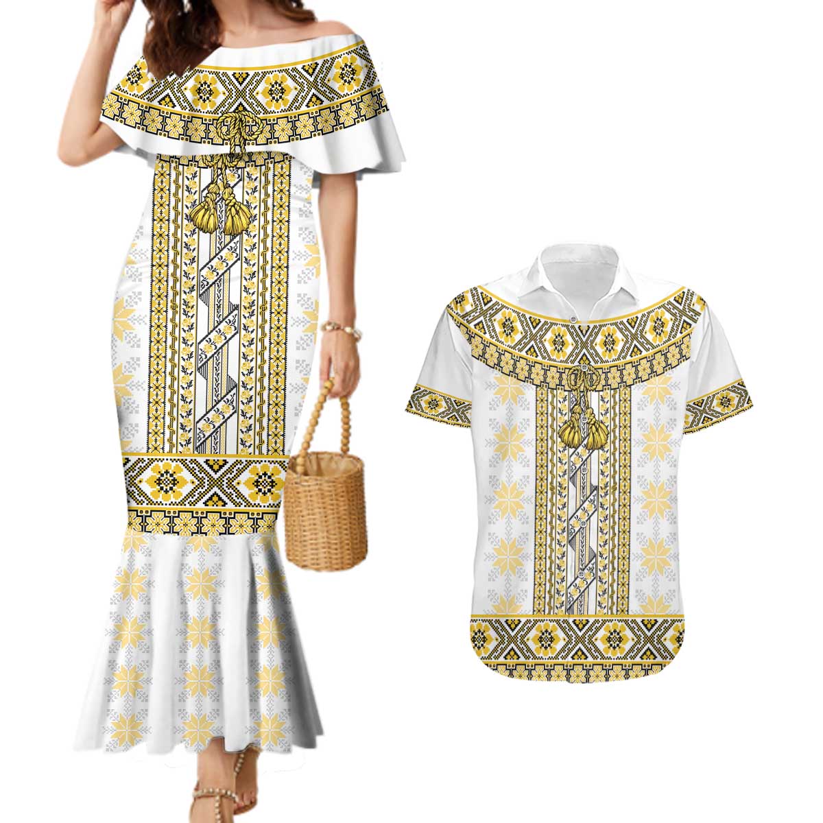 Ukraine Couples Matching Mermaid Dress and Hawaiian Shirt Traditional Braided Rope Belt Yellow Folk Pattern