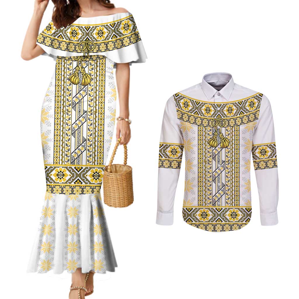 Ukraine Couples Matching Mermaid Dress and Long Sleeve Button Shirt Traditional Braided Rope Belt Yellow Folk Pattern