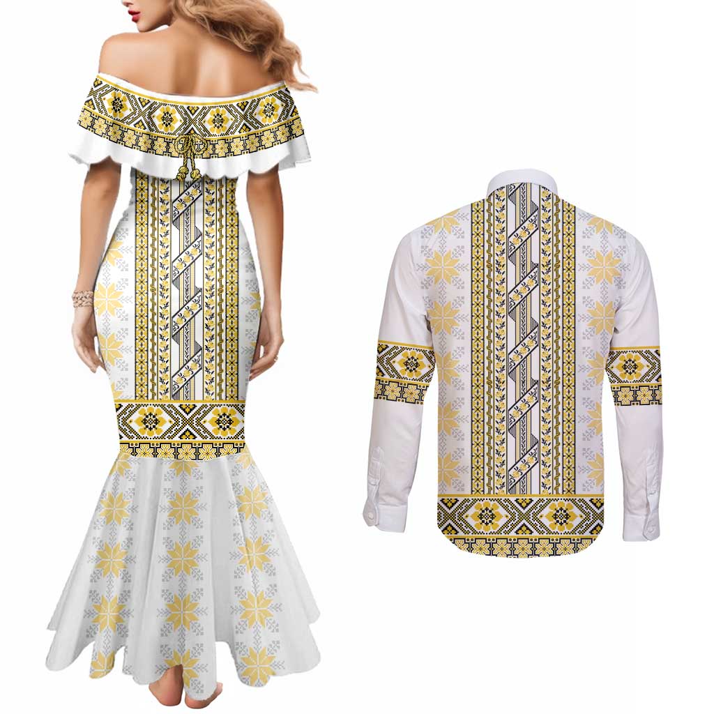 Ukraine Couples Matching Mermaid Dress and Long Sleeve Button Shirt Traditional Braided Rope Belt Yellow Folk Pattern