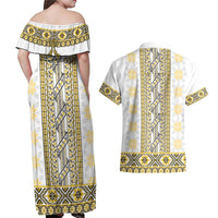Ukraine Couples Matching Off Shoulder Maxi Dress and Hawaiian Shirt Traditional Braided Rope Belt Yellow Folk Pattern