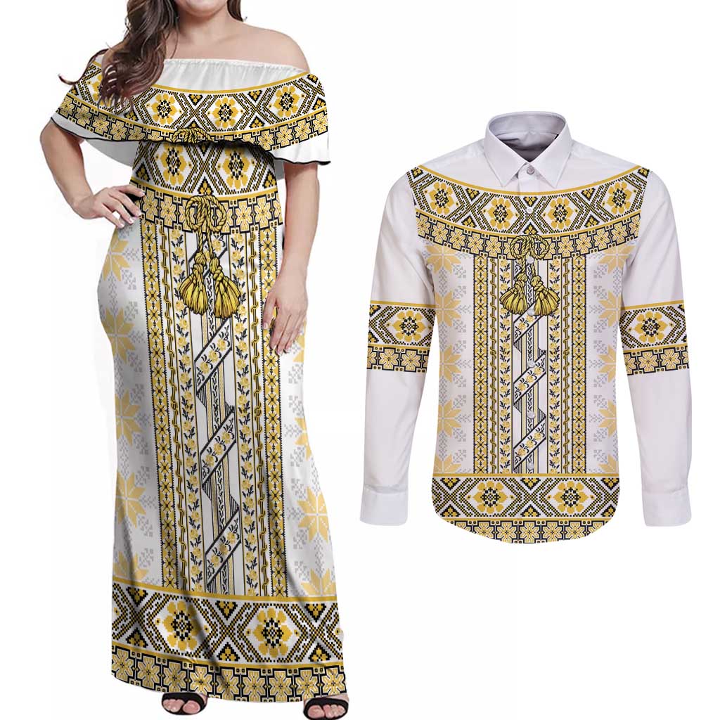 Ukraine Couples Matching Off Shoulder Maxi Dress and Long Sleeve Button Shirt Traditional Braided Rope Belt Yellow Folk Pattern
