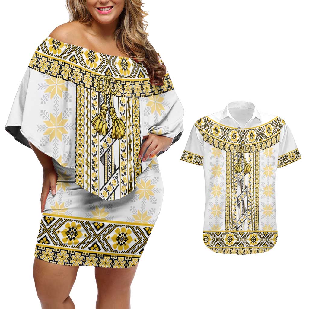 Ukraine Couples Matching Off Shoulder Short Dress and Hawaiian Shirt Traditional Braided Rope Belt Yellow Folk Pattern