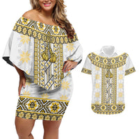 Ukraine Couples Matching Off Shoulder Short Dress and Hawaiian Shirt Traditional Braided Rope Belt Yellow Folk Pattern