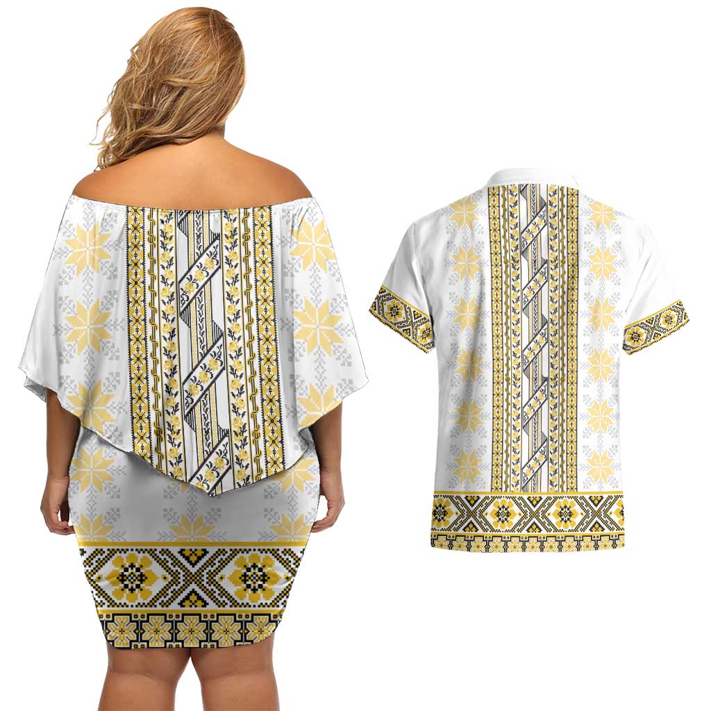 Ukraine Couples Matching Off Shoulder Short Dress and Hawaiian Shirt Traditional Braided Rope Belt Yellow Folk Pattern