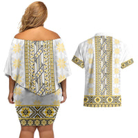 Ukraine Couples Matching Off Shoulder Short Dress and Hawaiian Shirt Traditional Braided Rope Belt Yellow Folk Pattern