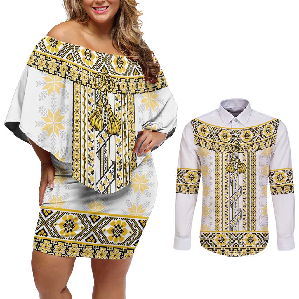 Ukraine Couples Matching Off Shoulder Short Dress and Long Sleeve Button Shirt Traditional Braided Rope Belt Yellow Folk Pattern