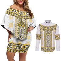 Ukraine Couples Matching Off Shoulder Short Dress and Long Sleeve Button Shirt Traditional Braided Rope Belt Yellow Folk Pattern