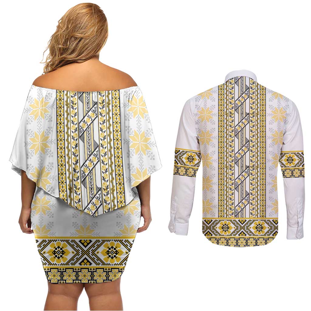 Ukraine Couples Matching Off Shoulder Short Dress and Long Sleeve Button Shirt Traditional Braided Rope Belt Yellow Folk Pattern