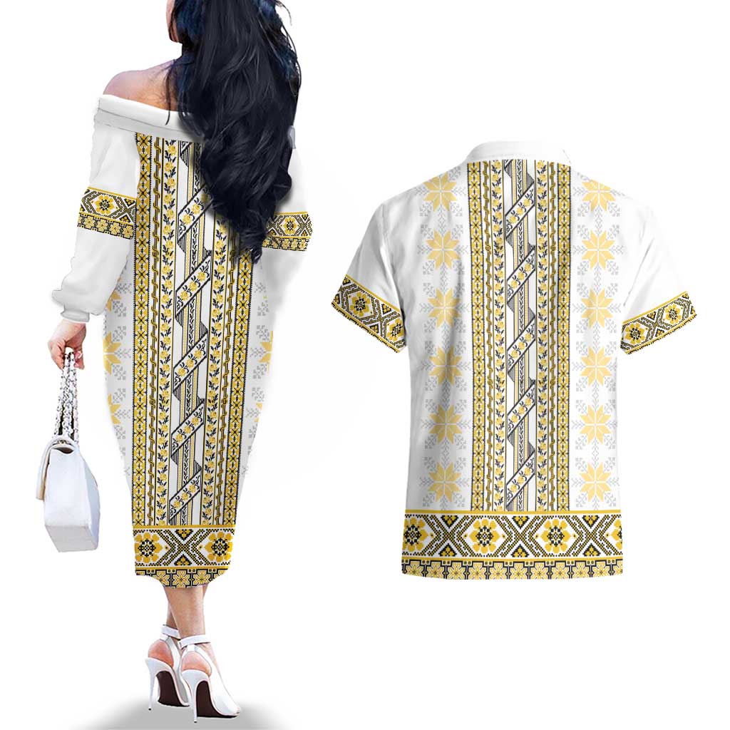 Ukraine Couples Matching Off The Shoulder Long Sleeve Dress and Hawaiian Shirt Traditional Braided Rope Belt Yellow Folk Pattern