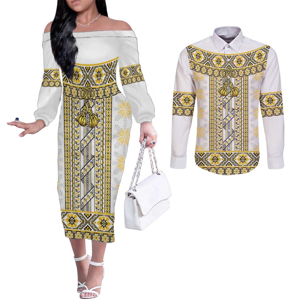Ukraine Couples Matching Off The Shoulder Long Sleeve Dress and Long Sleeve Button Shirt Traditional Braided Rope Belt Yellow Folk Pattern