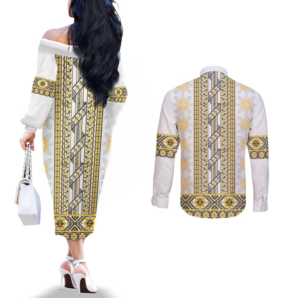 Ukraine Couples Matching Off The Shoulder Long Sleeve Dress and Long Sleeve Button Shirt Traditional Braided Rope Belt Yellow Folk Pattern