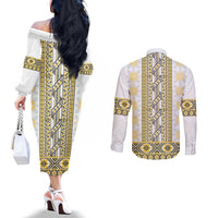 Ukraine Couples Matching Off The Shoulder Long Sleeve Dress and Long Sleeve Button Shirt Traditional Braided Rope Belt Yellow Folk Pattern