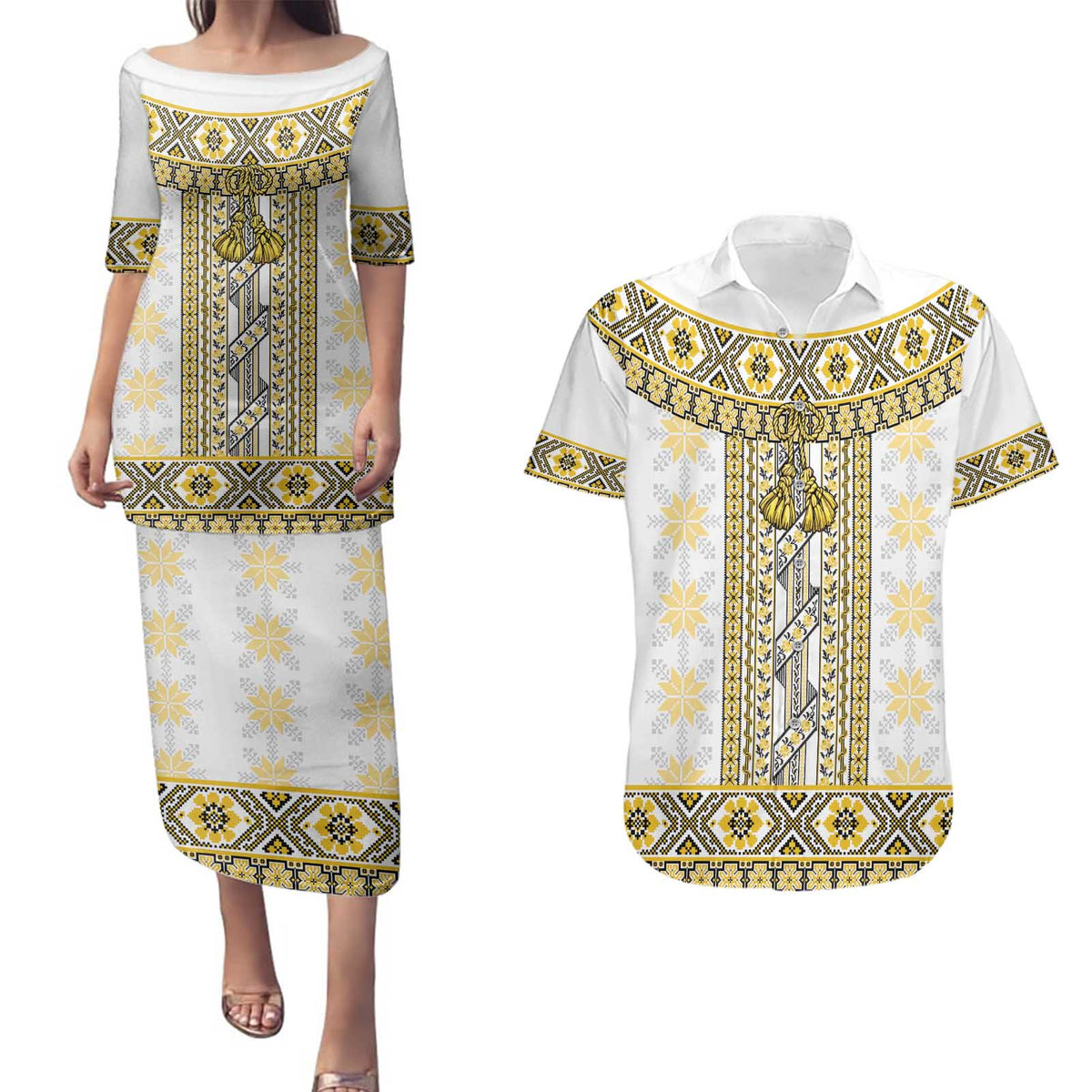 Ukraine Couples Matching Puletasi and Hawaiian Shirt Traditional Braided Rope Belt Yellow Folk Pattern