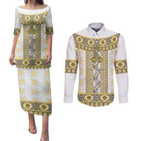 Ukraine Couples Matching Puletasi and Long Sleeve Button Shirt Traditional Braided Rope Belt Yellow Folk Pattern