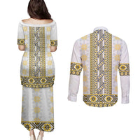 Ukraine Couples Matching Puletasi and Long Sleeve Button Shirt Traditional Braided Rope Belt Yellow Folk Pattern