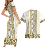 Ukraine Couples Matching Short Sleeve Bodycon Dress and Hawaiian Shirt Traditional Braided Rope Belt Yellow Folk Pattern