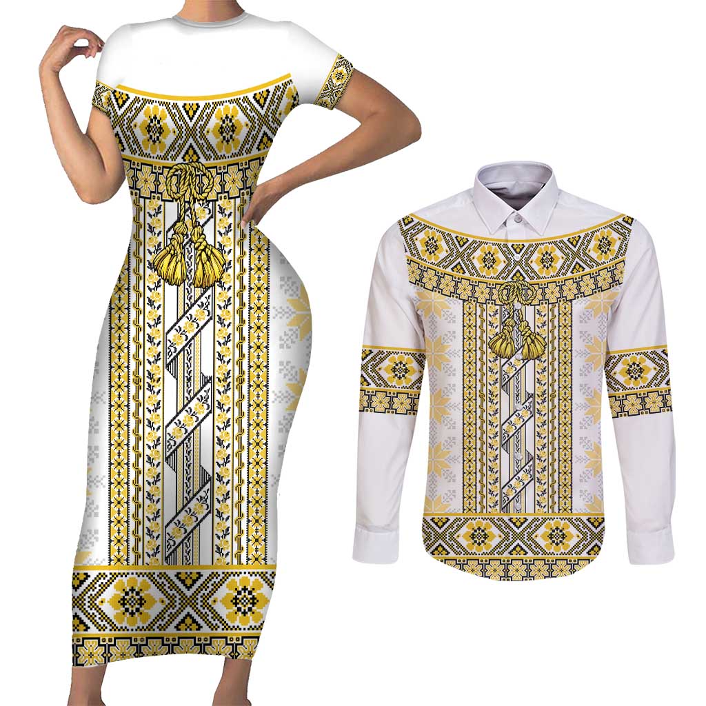 Ukraine Couples Matching Short Sleeve Bodycon Dress and Long Sleeve Button Shirt Traditional Braided Rope Belt Yellow Folk Pattern
