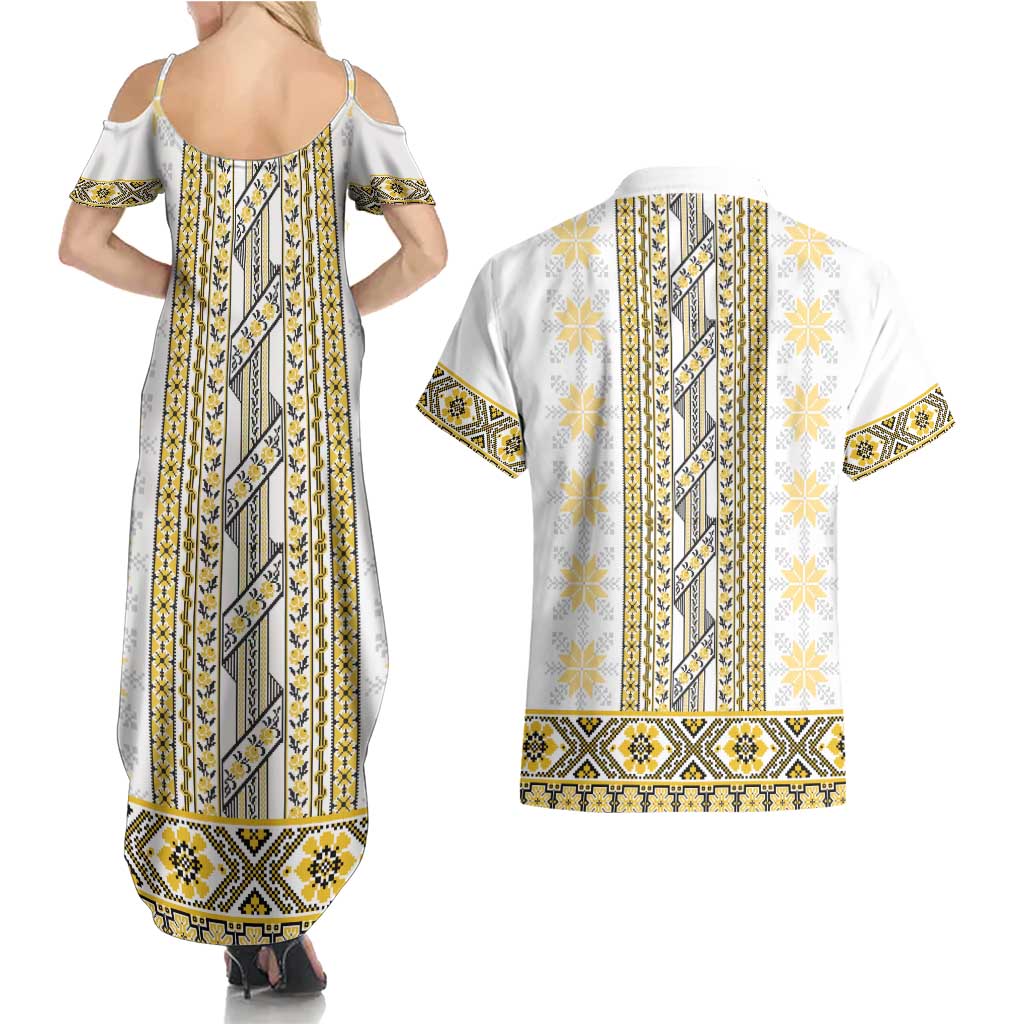 Ukraine Couples Matching Summer Maxi Dress and Hawaiian Shirt Traditional Braided Rope Belt Yellow Folk Pattern