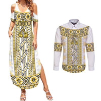 Ukraine Couples Matching Summer Maxi Dress and Long Sleeve Button Shirt Traditional Braided Rope Belt Yellow Folk Pattern