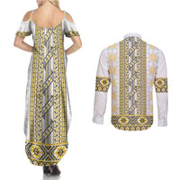 Ukraine Couples Matching Summer Maxi Dress and Long Sleeve Button Shirt Traditional Braided Rope Belt Yellow Folk Pattern