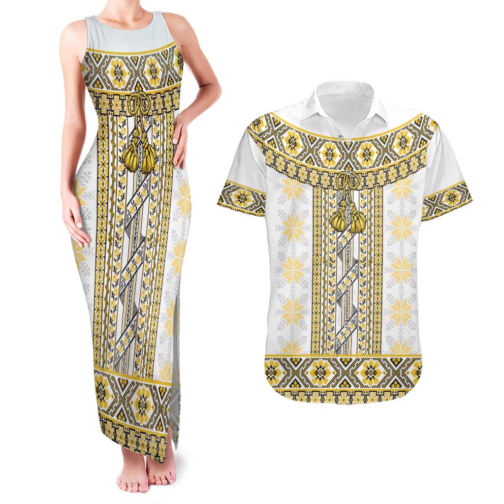 Ukraine Couples Matching Tank Maxi Dress and Hawaiian Shirt Traditional Braided Rope Belt Yellow Folk Pattern