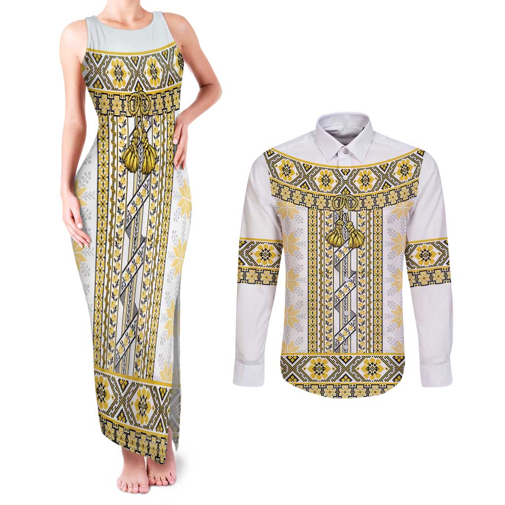 Ukraine Couples Matching Tank Maxi Dress and Long Sleeve Button Shirt Traditional Braided Rope Belt Yellow Folk Pattern