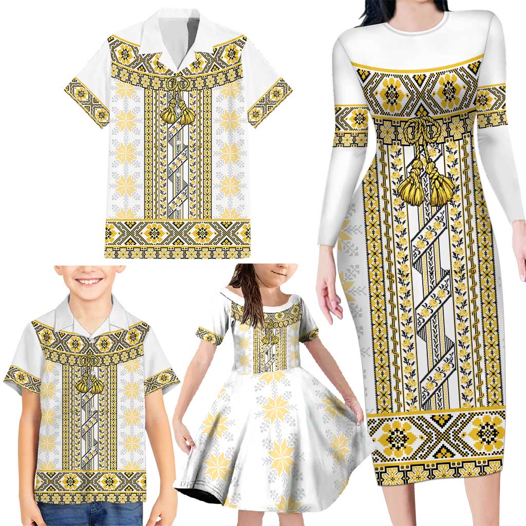 Ukraine Family Matching Long Sleeve Bodycon Dress and Hawaiian Shirt Traditional Braided Rope Belt Yellow Folk Pattern