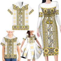 Ukraine Family Matching Long Sleeve Bodycon Dress and Hawaiian Shirt Traditional Braided Rope Belt Yellow Folk Pattern