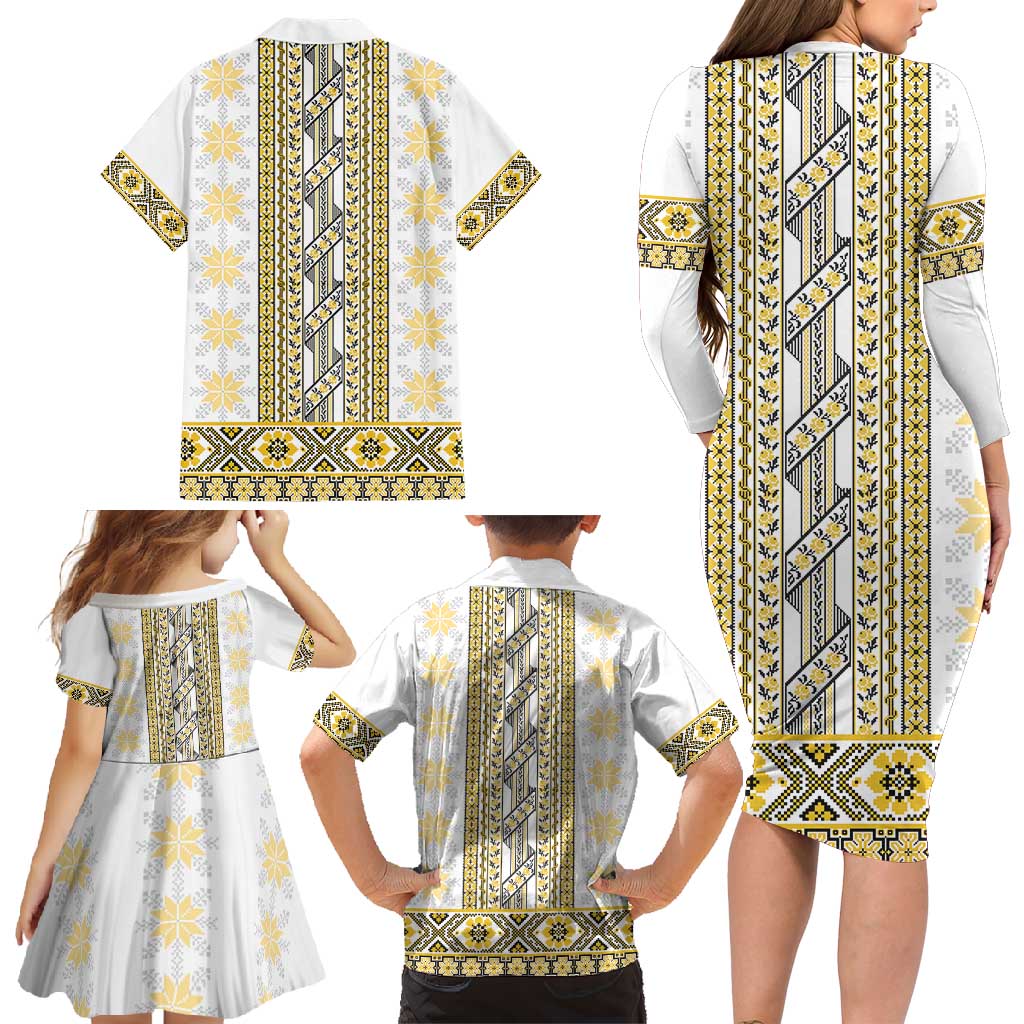 Ukraine Family Matching Long Sleeve Bodycon Dress and Hawaiian Shirt Traditional Braided Rope Belt Yellow Folk Pattern