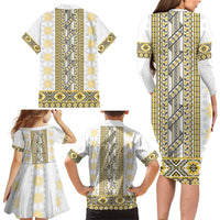 Ukraine Family Matching Long Sleeve Bodycon Dress and Hawaiian Shirt Traditional Braided Rope Belt Yellow Folk Pattern