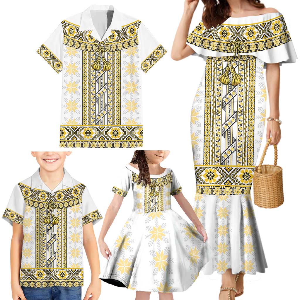 Ukraine Family Matching Mermaid Dress and Hawaiian Shirt Traditional Braided Rope Belt Yellow Folk Pattern