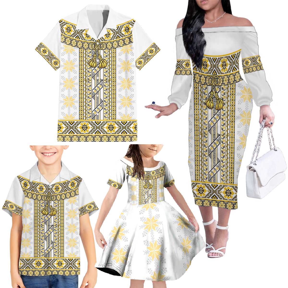 Ukraine Family Matching Off The Shoulder Long Sleeve Dress and Hawaiian Shirt Traditional Braided Rope Belt Yellow Folk Pattern