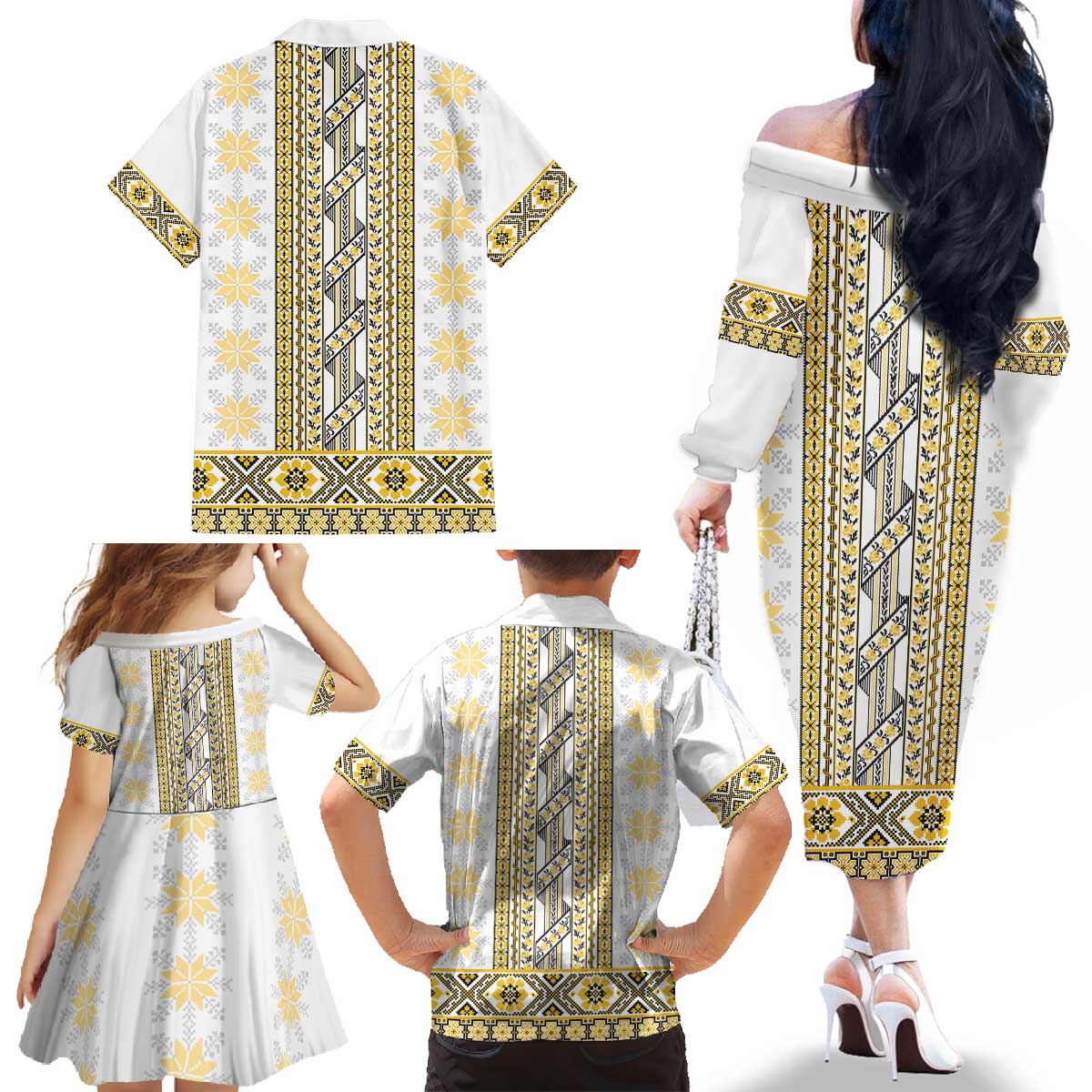 Ukraine Family Matching Off The Shoulder Long Sleeve Dress and Hawaiian Shirt Traditional Braided Rope Belt Yellow Folk Pattern