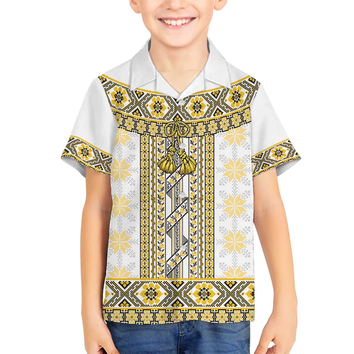 Ukraine Family Matching Off The Shoulder Long Sleeve Dress and Hawaiian Shirt Traditional Braided Rope Belt Yellow Folk Pattern